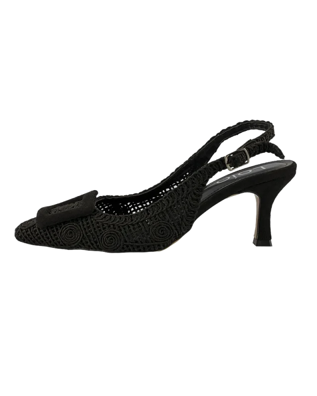 Siyah Örgü Slingback Topuklu Ayakkabı